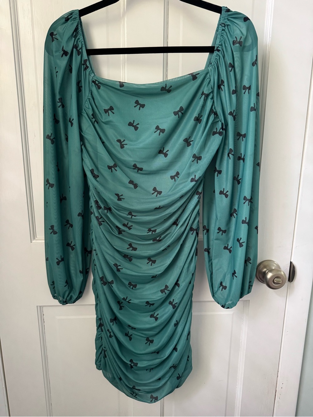 Teal Ruched Long-Sleeve Mini Dress